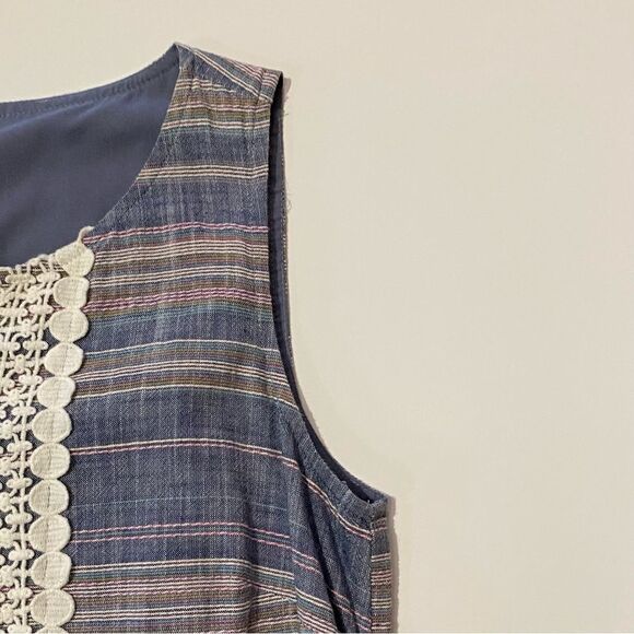 Talbots Striped Cotton Crochet Split Neck Embroidered Shift Dress With Pockets - Picture 3 of 16